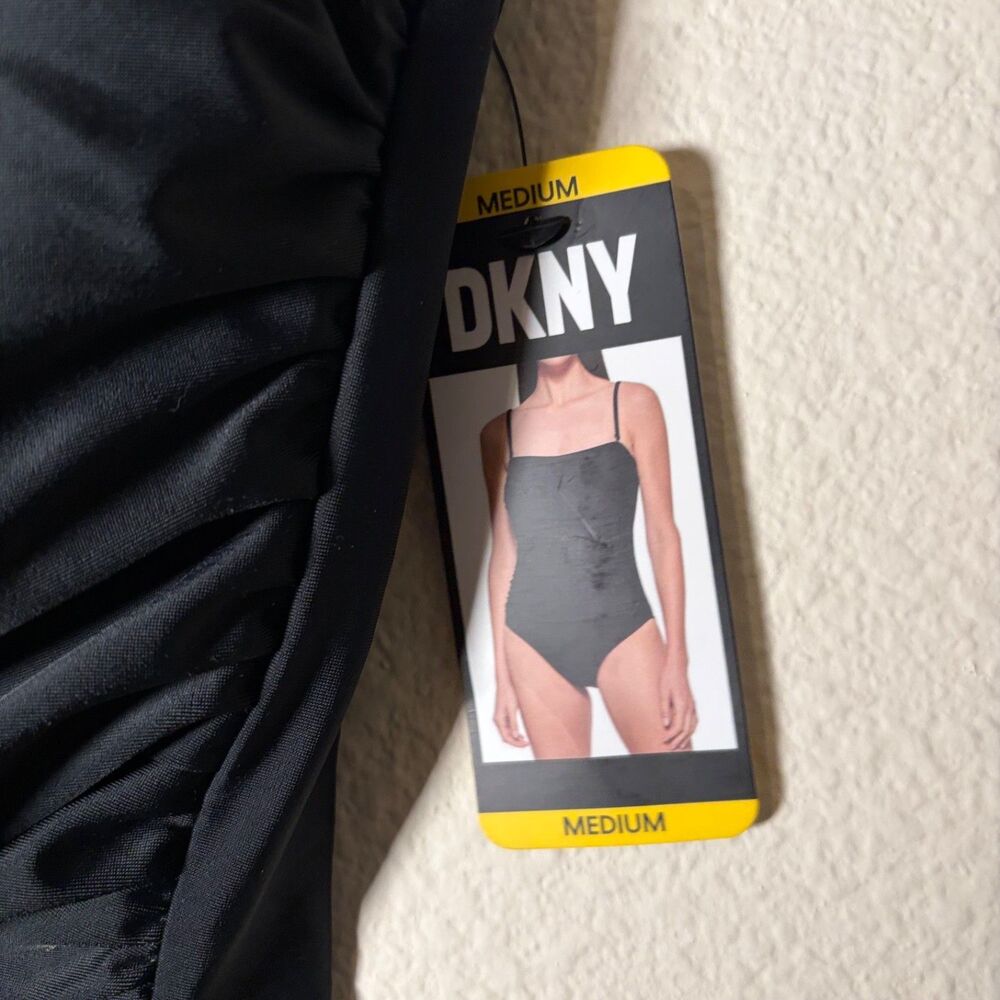 DKNY Bathing Suit Women's Medium Black Strapless One Piece Ruched Swim - Picture 5 of 10